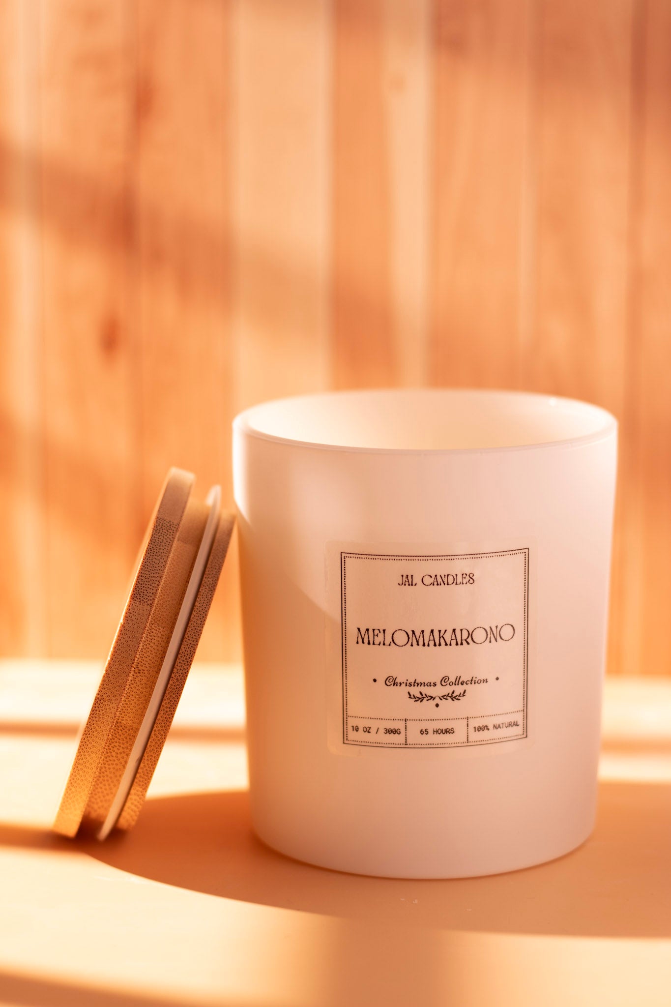 Melomakarono handmade soy candle in white ceramic jar with wooden lid