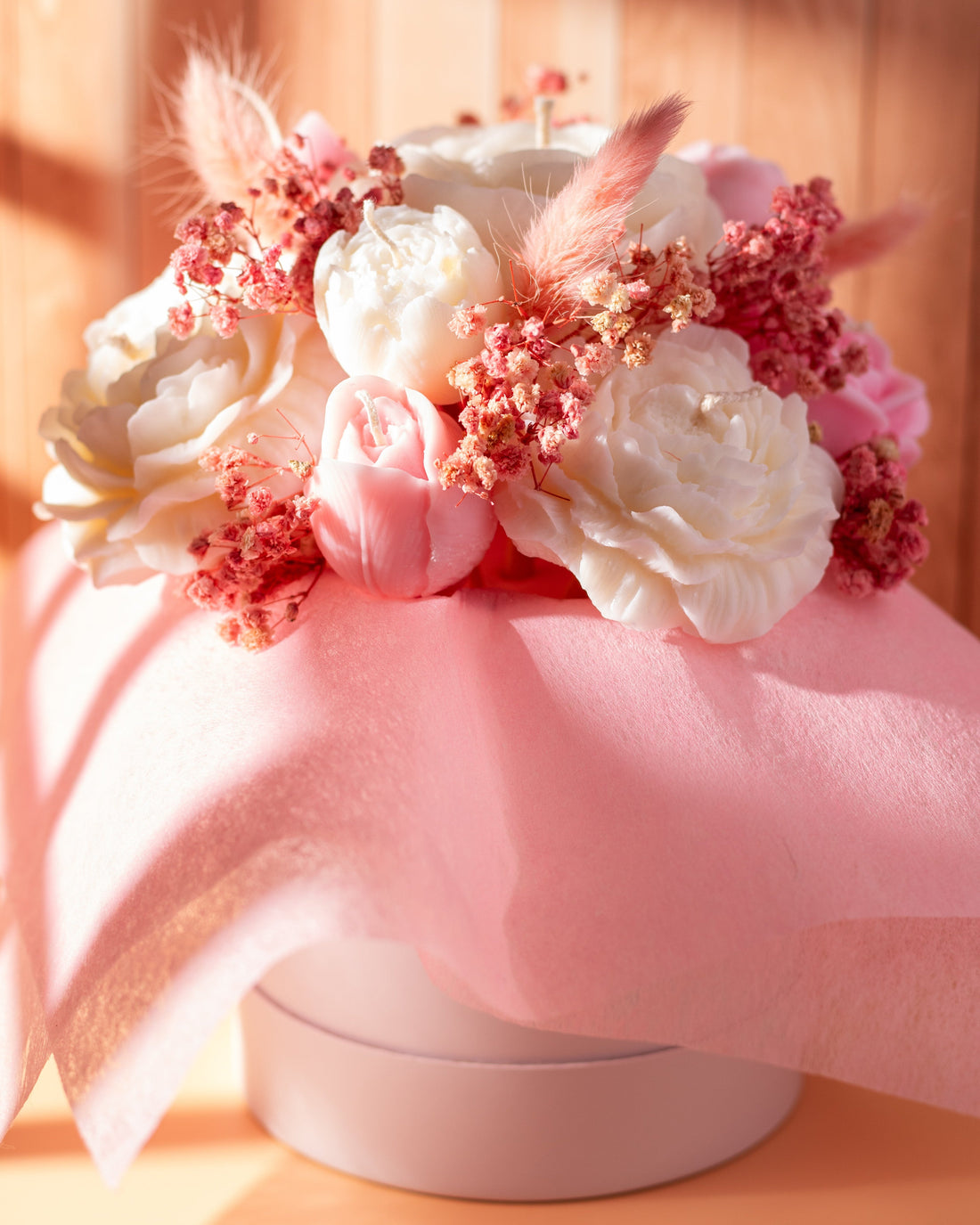 JAL Candles pink and white wax flower bouquet candle, perfect Easter gift in Cyprus