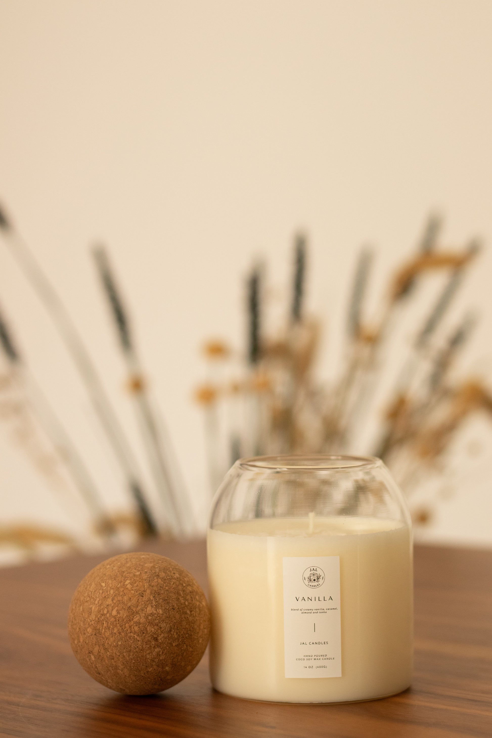 Vanilla candle by JAL Candles, 400g coconut soy wax, handmade, Cyprus – on wooden table with soft background