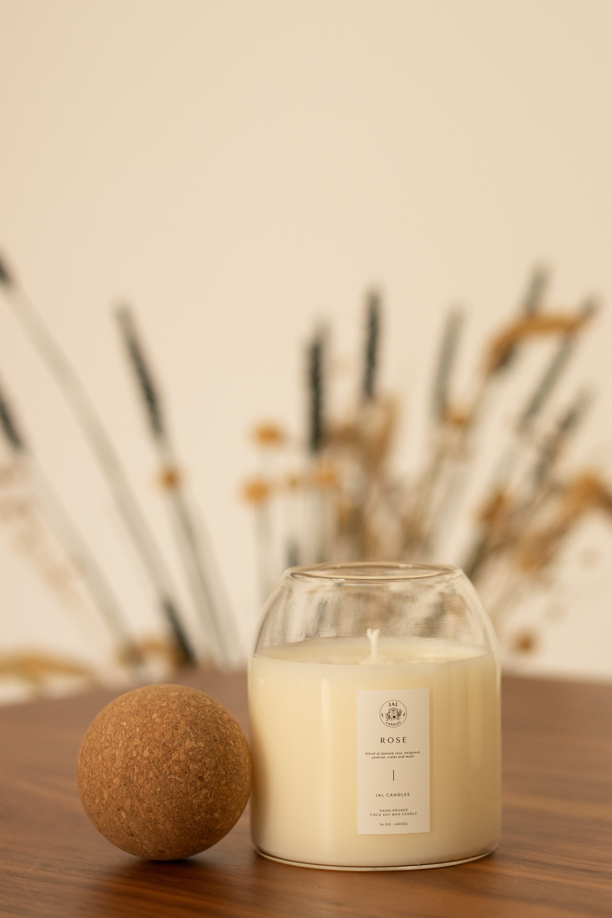 Rose candle by JAL Candles on wooden table, coconut soy wax, vegan, home decor, Cyprus