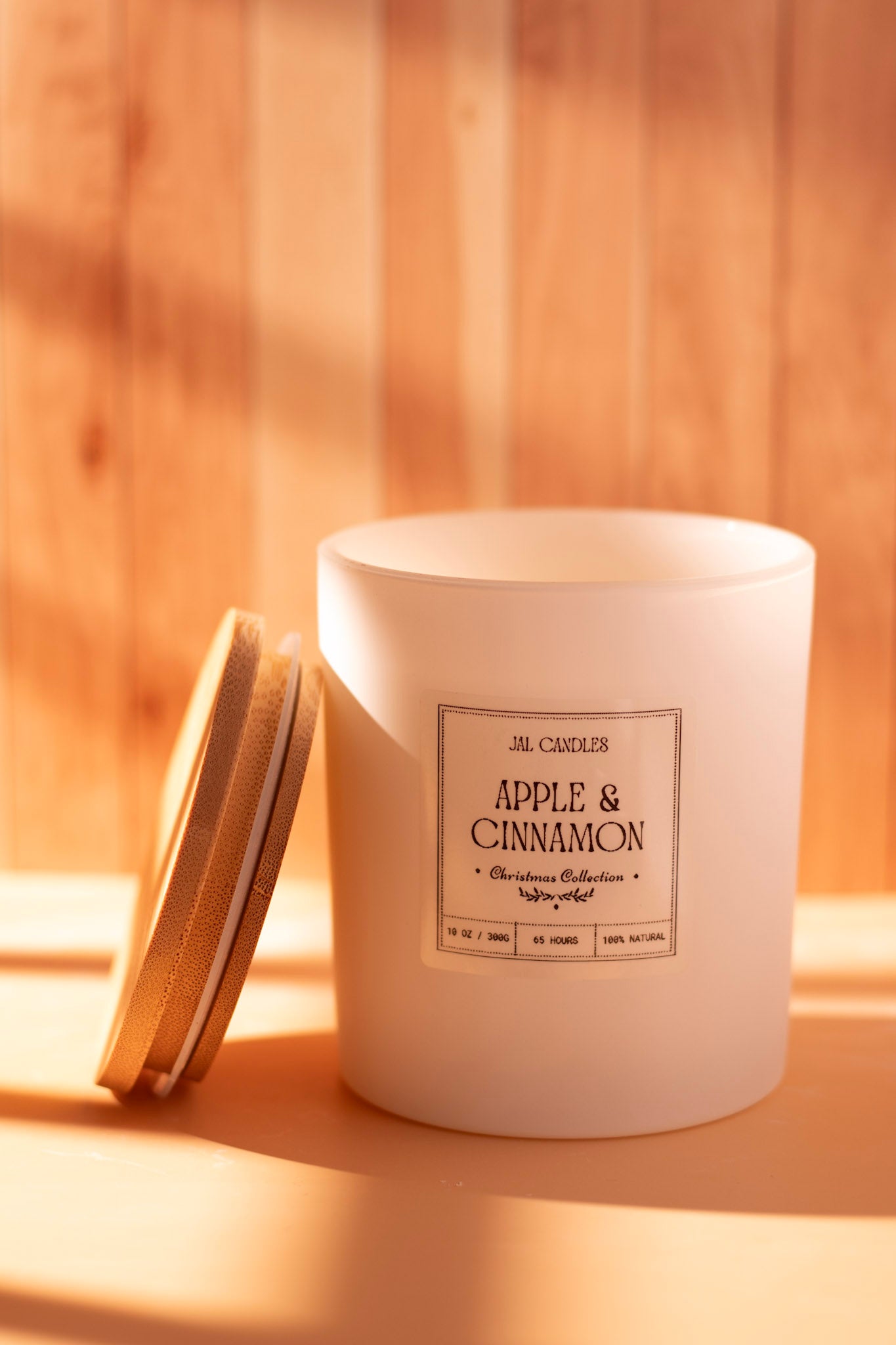 Apple & Cinnamon handmade soy candle in white ceramic jar with wooden lid