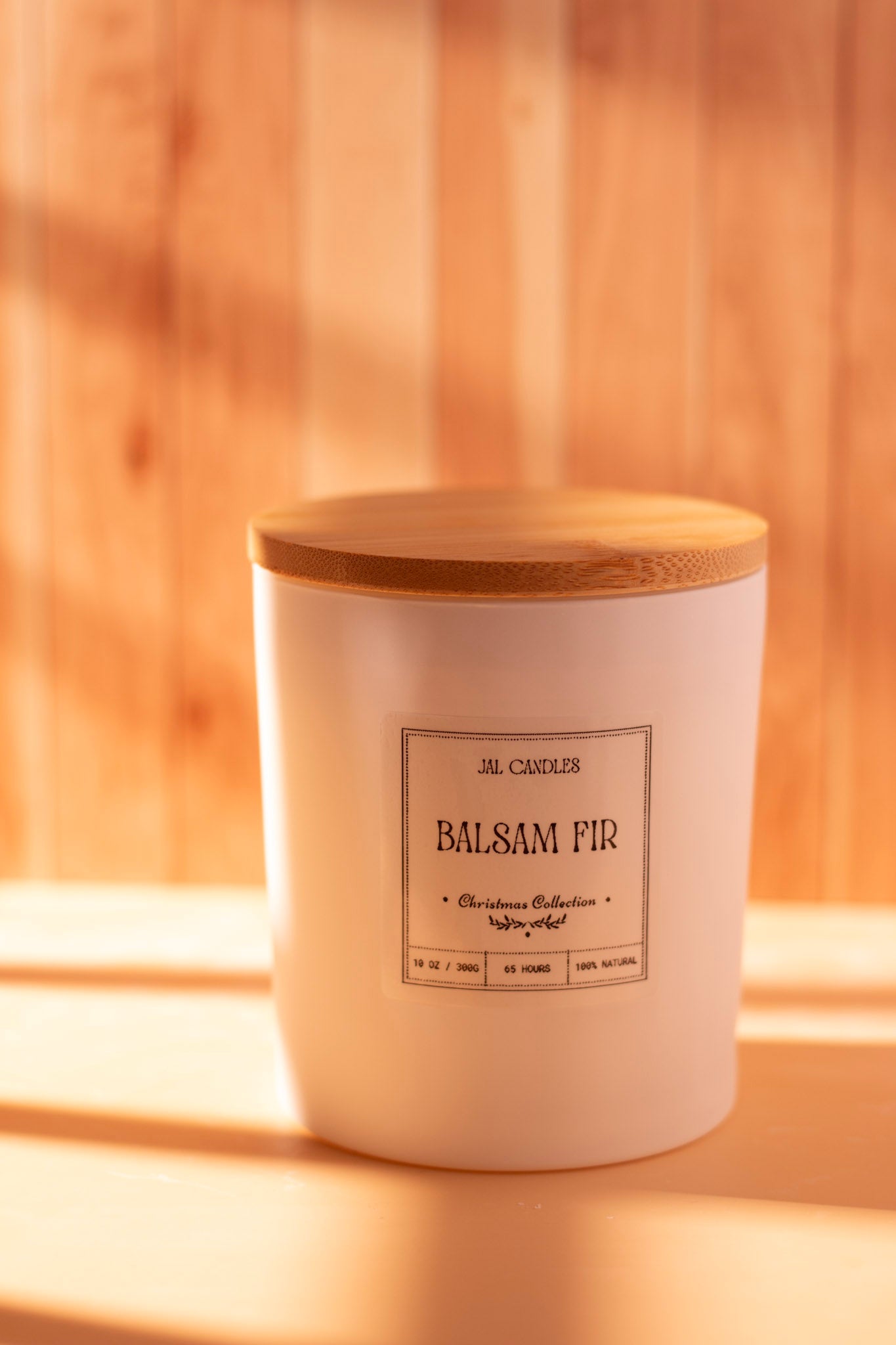 Balsam Fir handmade soy candle with white ceramic jar and wooden lid