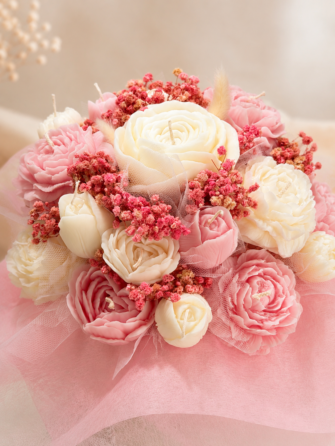 Close-up of the Blush Bloom Candle Bouquet featuring handcrafted pink and ivory soy wax flowers by JAL Candles.
