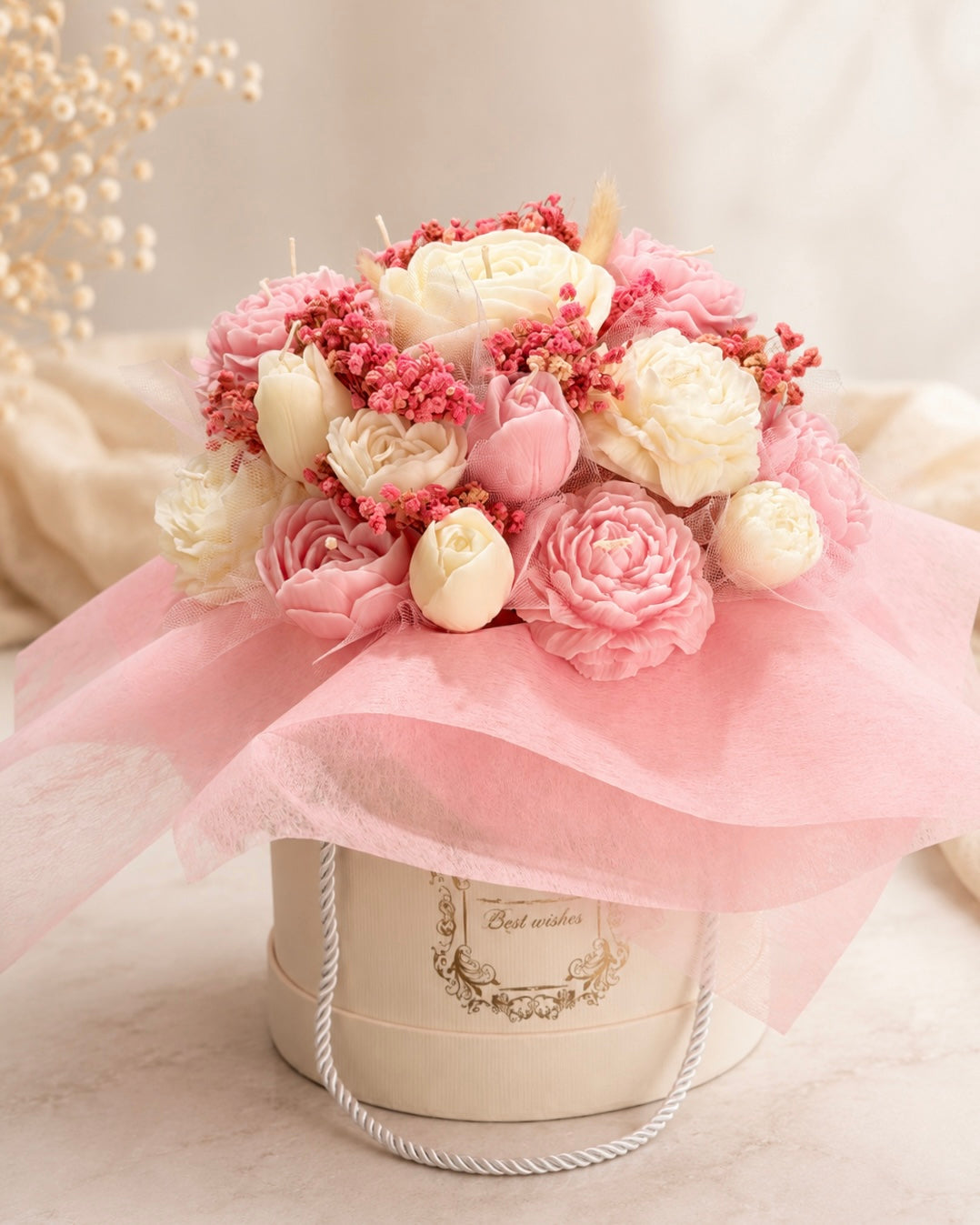 Blush Bloom Candle Bouquet handcrafted from premium soy wax in a luxury gift box by JAL Candles Cyprus.