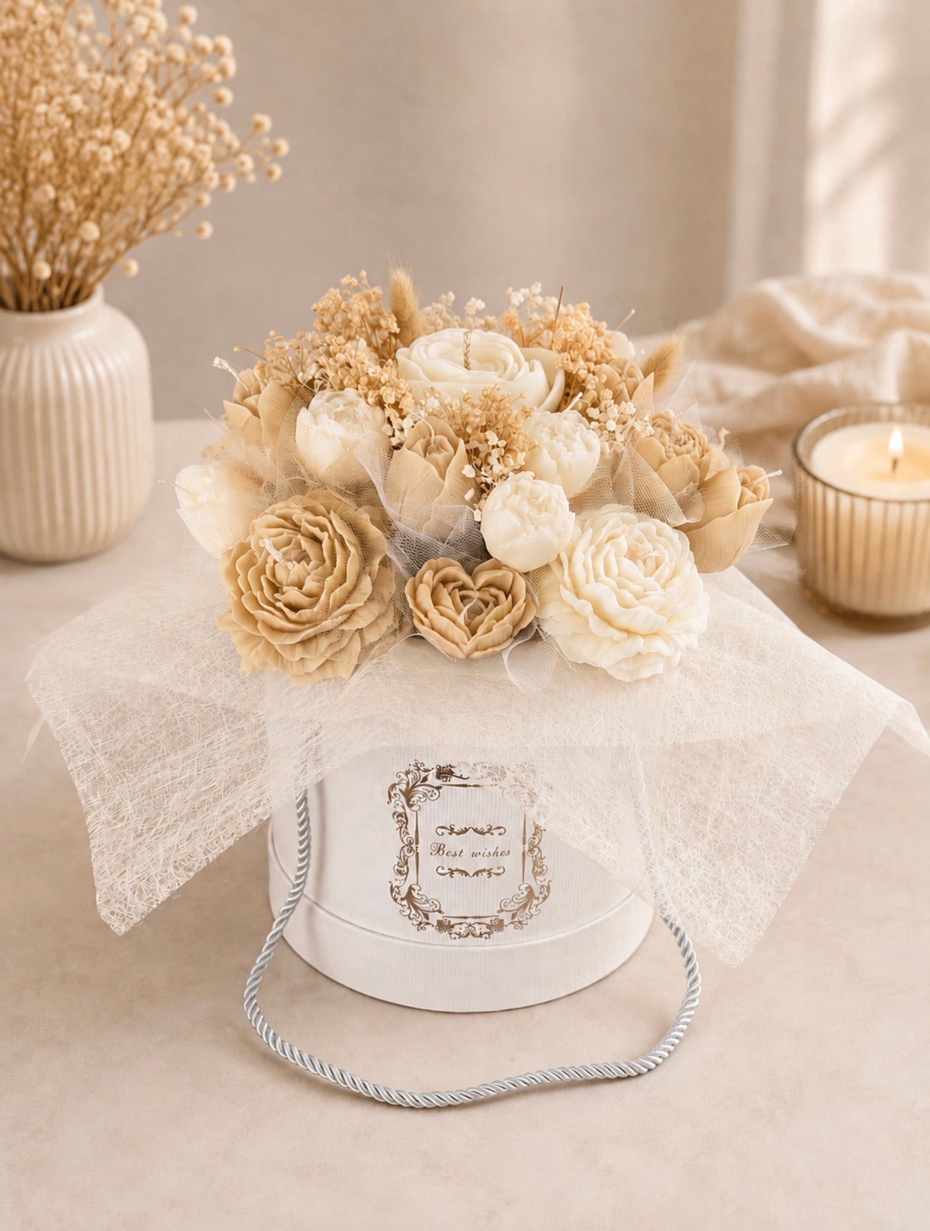 Ivory Bloom Candle Bouquet featuring handcrafted ivory and beige soy wax flowers in a luxury gift box by JAL Candles Cyprus.
