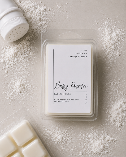 Baby Powder wax melt clamshell pack on neutral surface