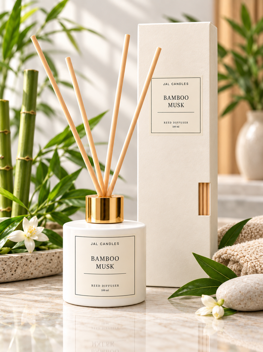 Bamboo Musk Reed Diffuser 100ml — white bottle with reeds by JAL Candles Cyprus