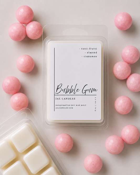Bubble Gum wax melt clamshell pack on neutral surface