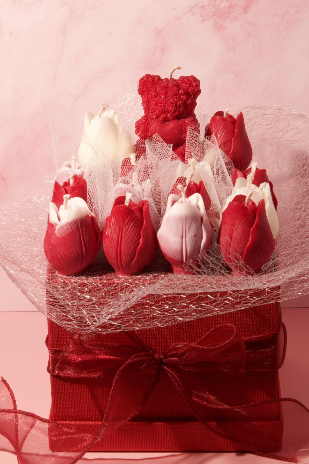 Elegant Tulip Candle Box with Decorative Teddy Accent handmade soy candle by JAL Candles Cyprus