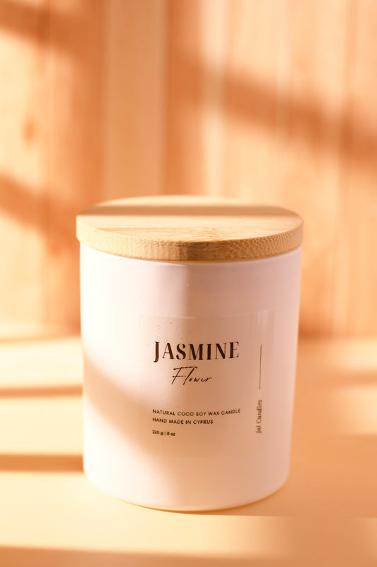 Jasmine Flower candle in matte white jar with flat light-wood lid