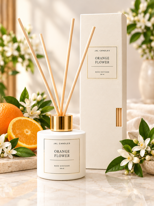 Orange Flower Reed Diffuser 100ml — white bottle with reeds by JAL Candles Cyprus