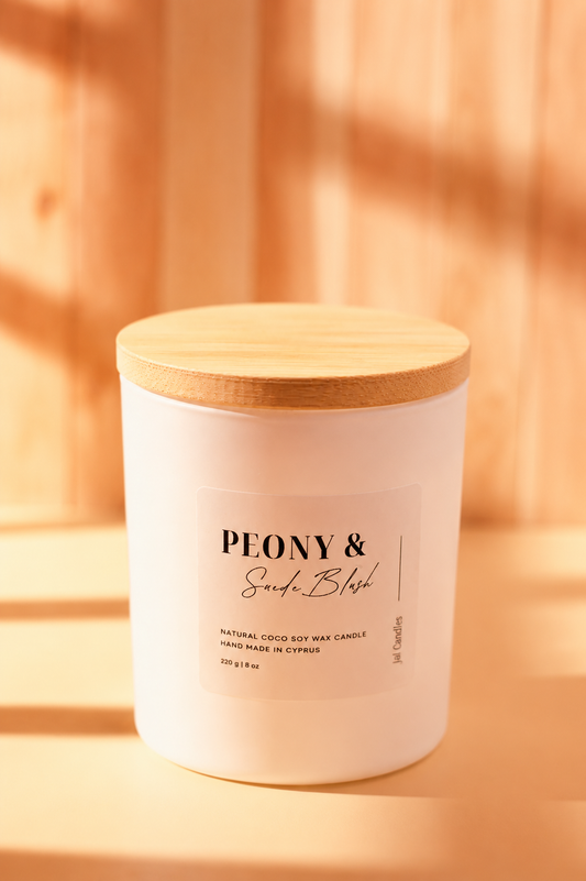 Peony & Suede Blush candle in matte white jar with flat wood lid