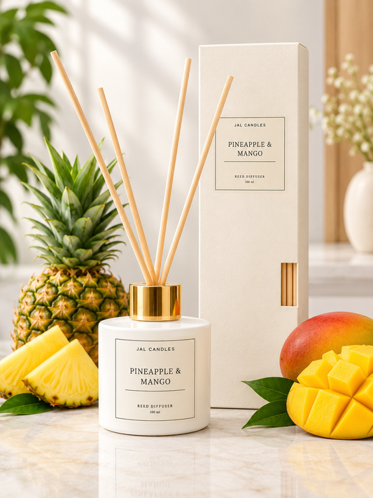 Pineapple & Mango Reed Diffuser 100ml — white bottle with reeds by JAL Candles Cyprus