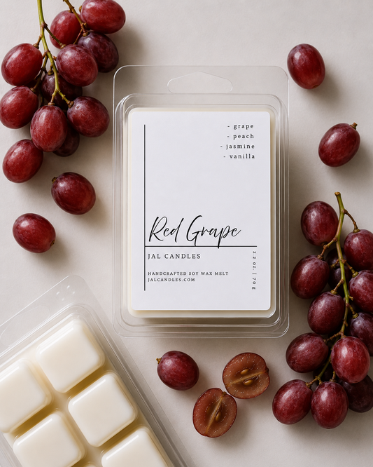 Red Grape wax melt clamshell pack on neutral surface