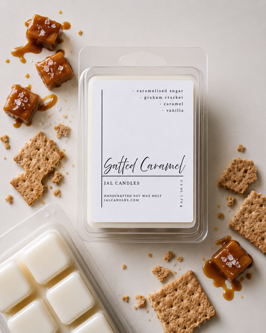 Salted Caramel wax melt clamshell beside salted caramel cubes and graham crackers