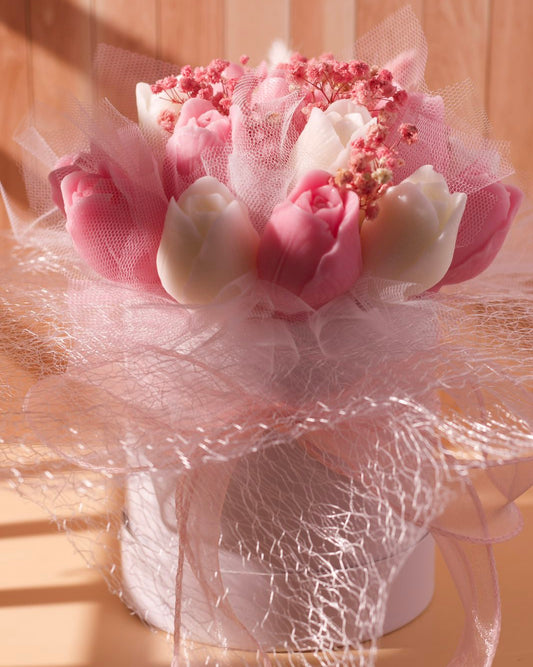 Pink and white tulip wax flower bouquet in white box with pink tulle and ribbon