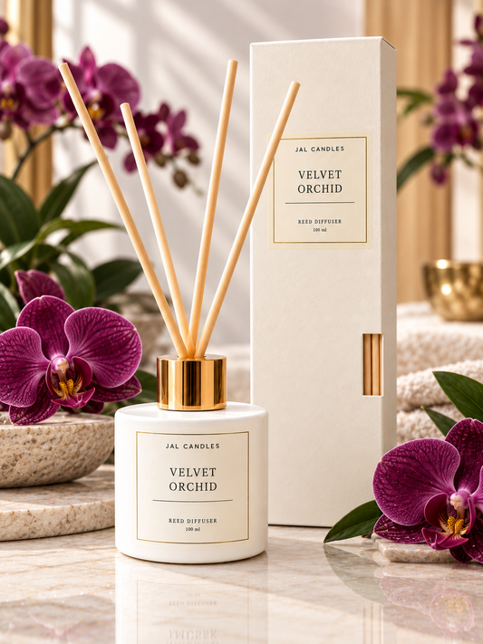 Velvet Orchid Reed Diffuser 100ml — white bottle with reeds by JAL Candles Cyprus