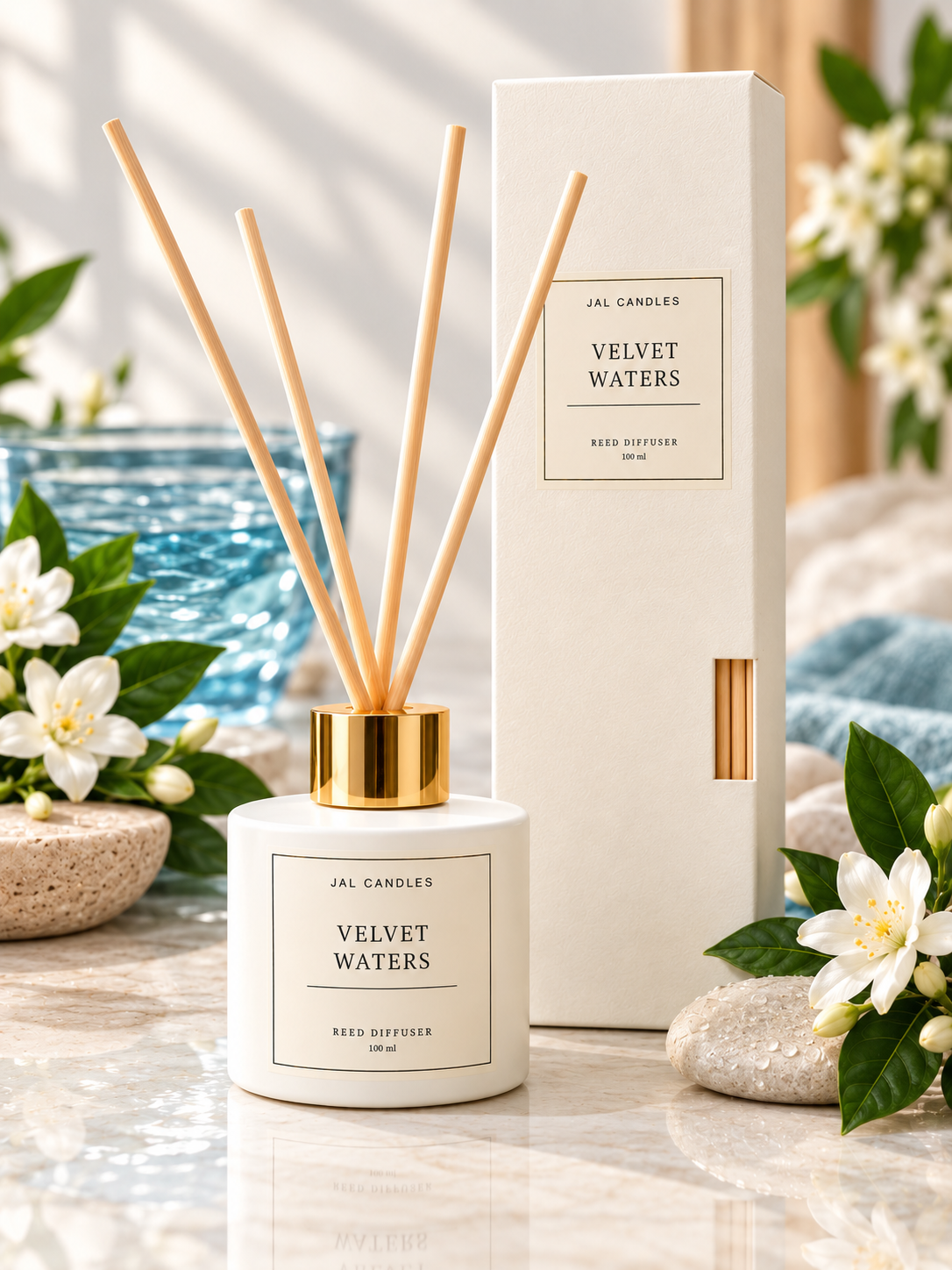 Velvet Waters Reed Diffuser 100ml — white bottle with reeds by JAL Candles Cyprus