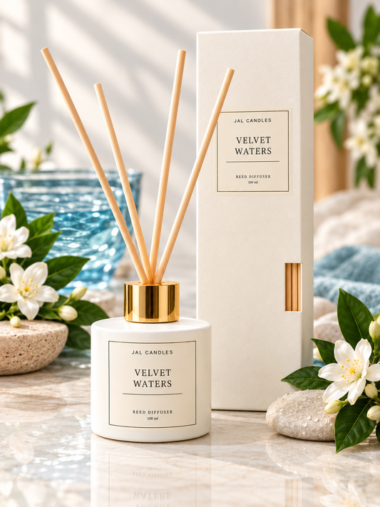 Velvet Waters Reed Diffuser 100ml — white bottle with reeds by JAL Candles Cyprus