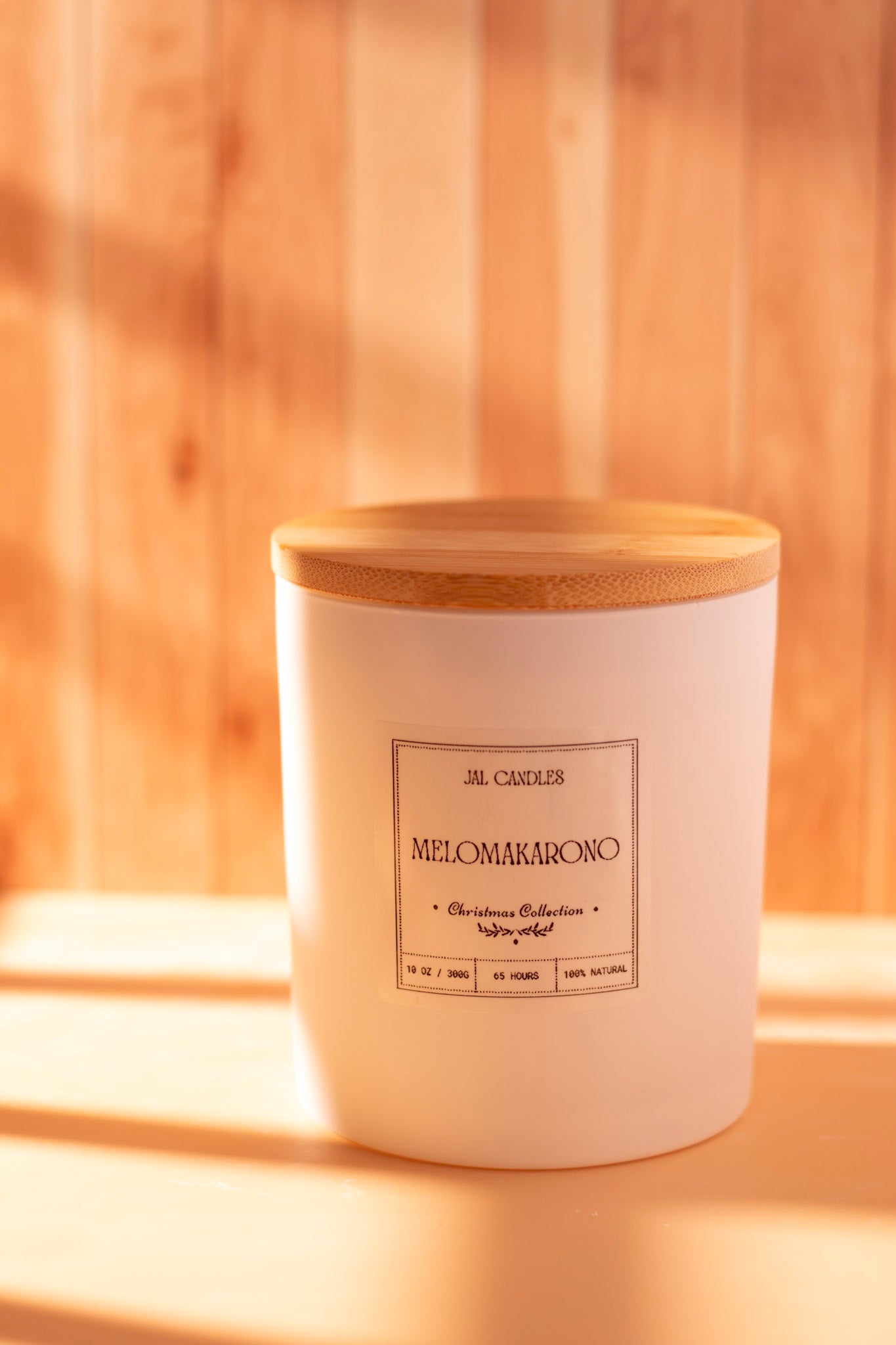 Melomakarono handmade soy candle with white ceramic jar and wooden lid