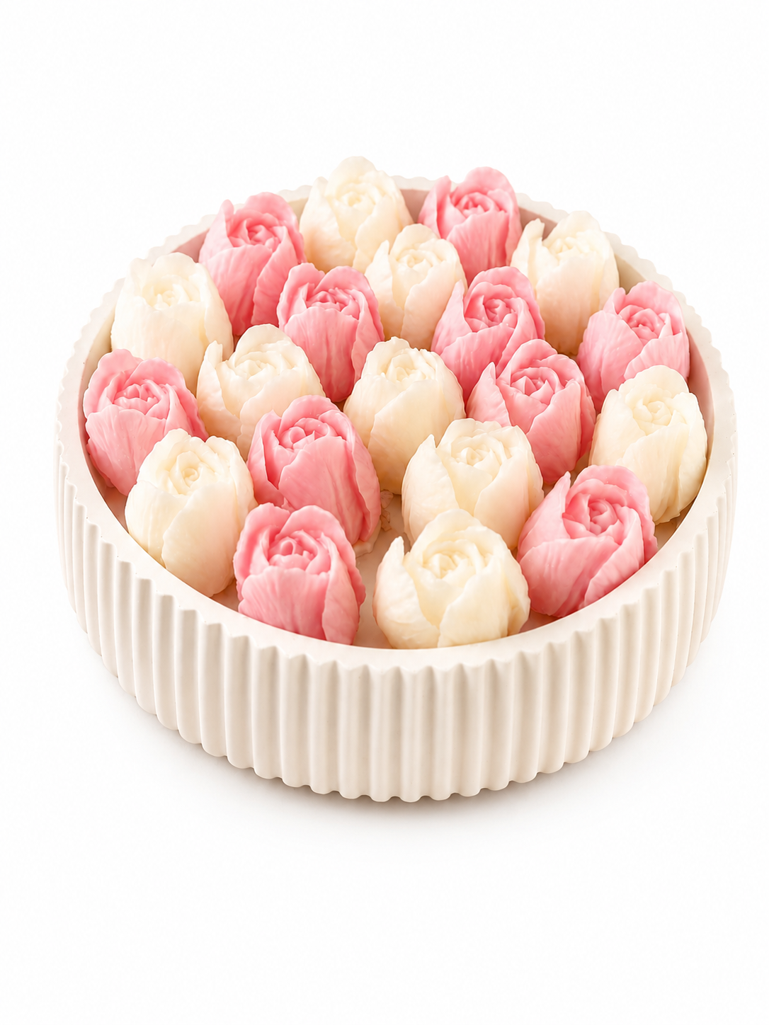 Handcrafted pink and white Tulip Pot soy candle bouquet in a decorative white fluted pot by JAL Candles Cyprus.