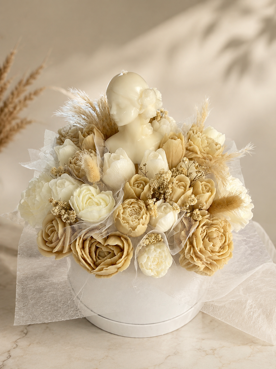 Luxury candle bouquet with 42 handcrafted wax flowers in ivory and beige tones, artistic feminine centerpiece, handmade in Cyprus