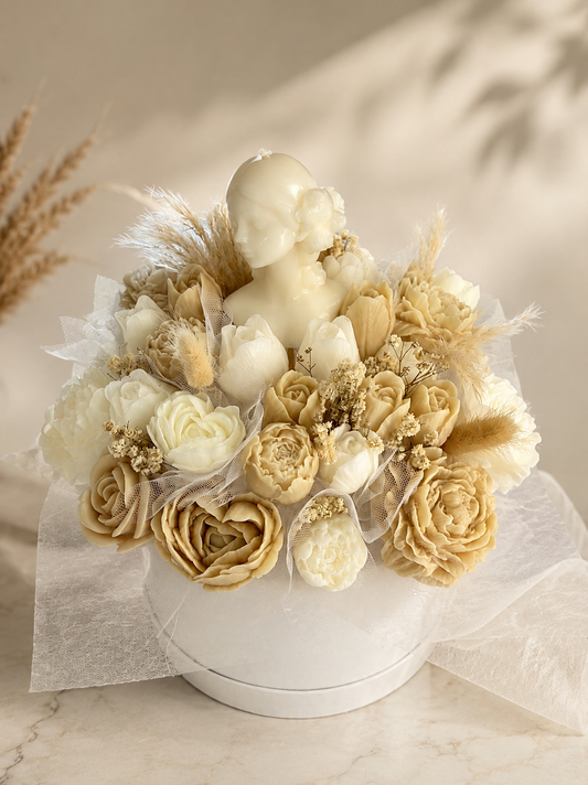 Luxury candle bouquet with 42 handcrafted wax flowers in ivory and beige tones, artistic feminine centerpiece, handmade in Cyprus