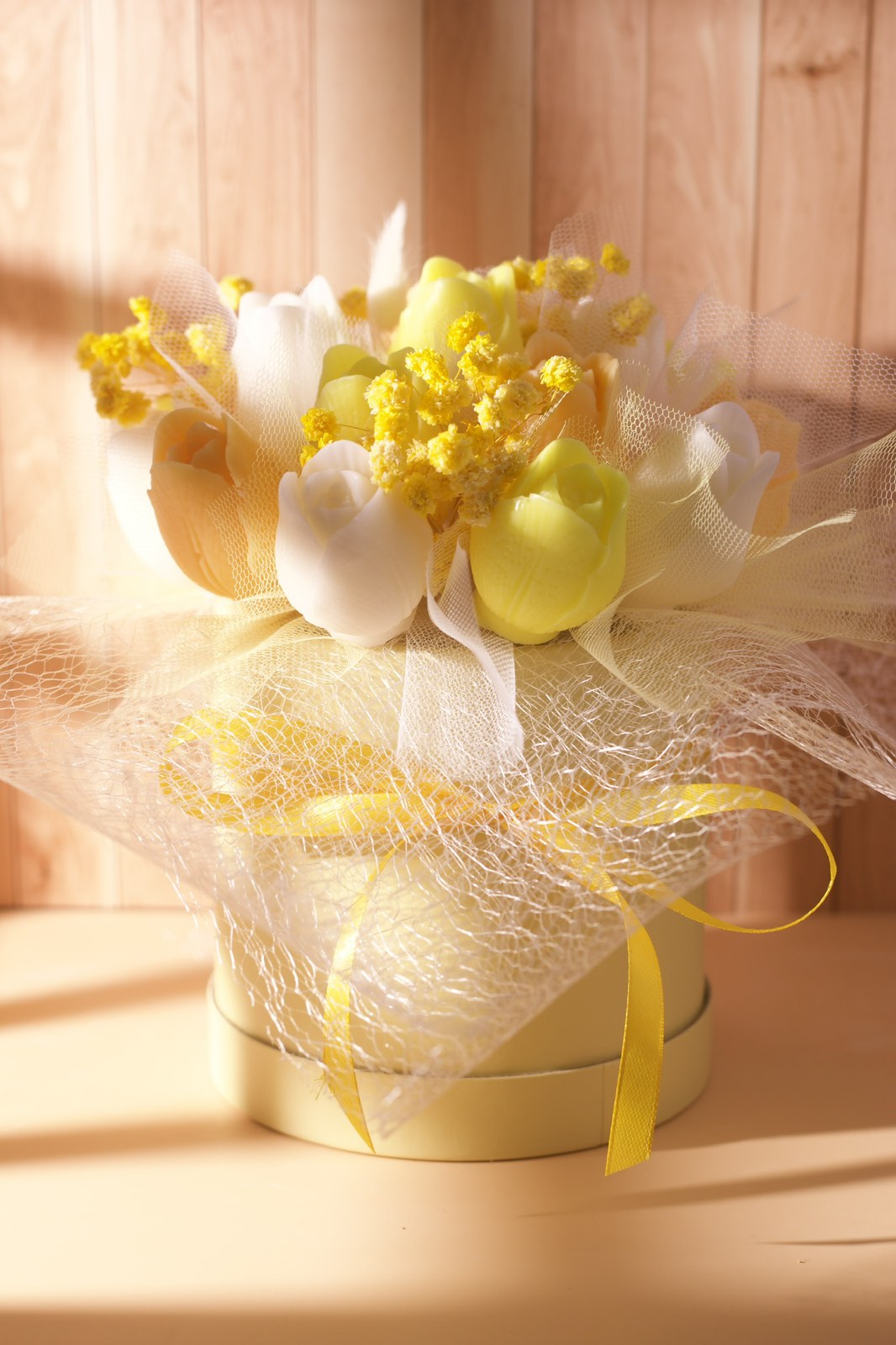 Yellow tulip candle bouquet in a gift box, handcrafted wax flower arrangement in Cyprus