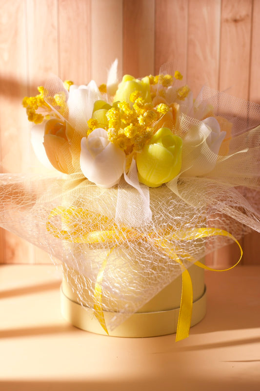 Yellow tulip candle bouquet in a gift box, handcrafted wax flower arrangement in Cyprus